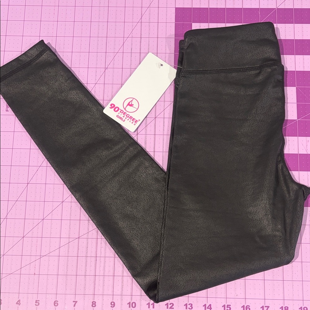 90 Degree By Reflex Cracked Black Leggings Girls Sz 10 NWT faux leather PG72329